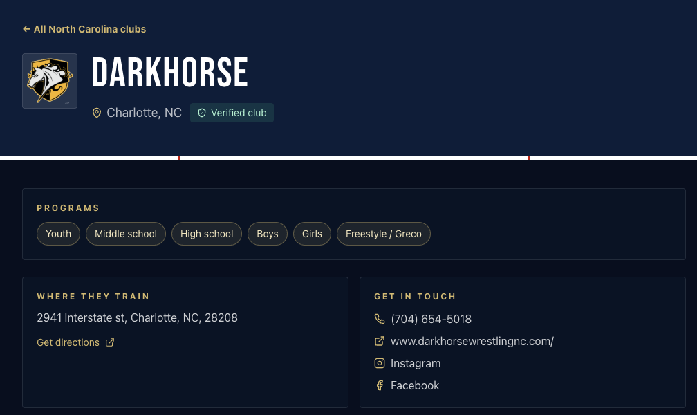 Example RecruitNC club page for Darkhorse Wrestling with verified status, programs, address, and contact information