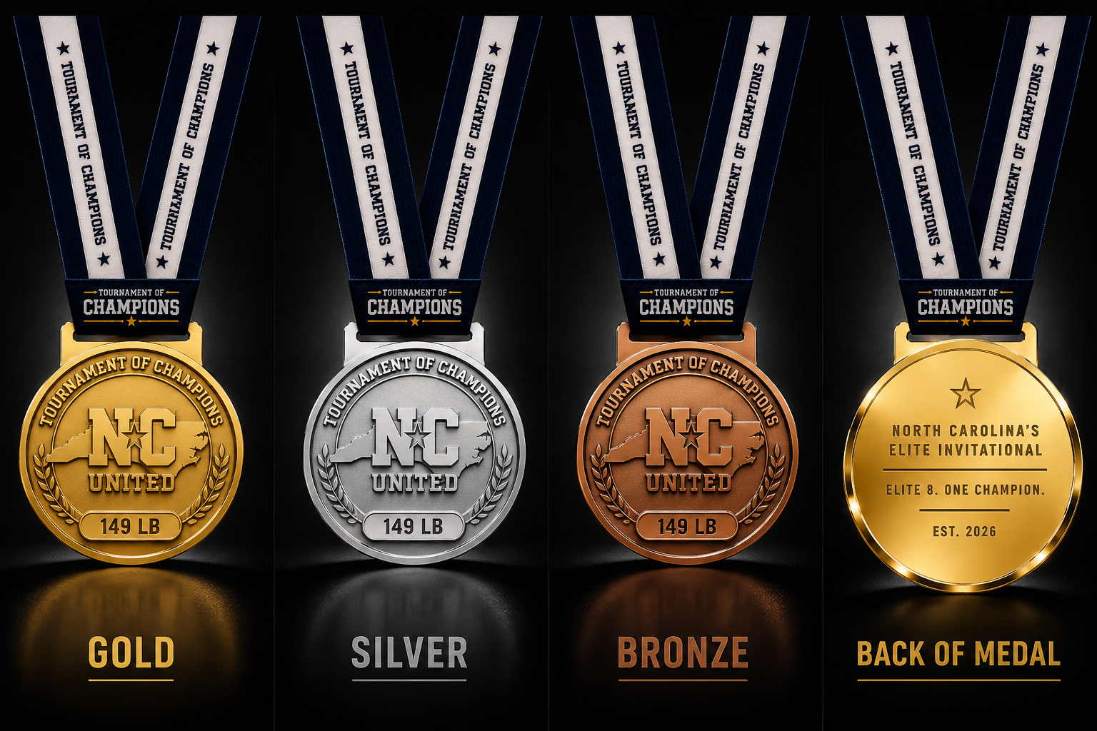 Tournament of Champions gold, silver, and bronze medals with front and back designs