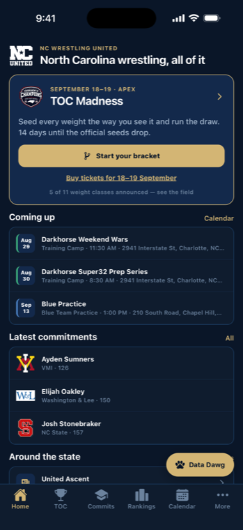 The NC United app showing Tournament of Champions, upcoming events and the latest commitments